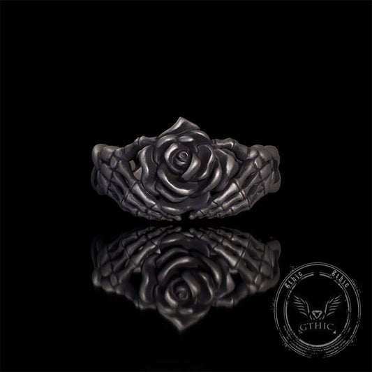 Gothic Heart Skull Hand Holding Rose Sterling Silver Ring