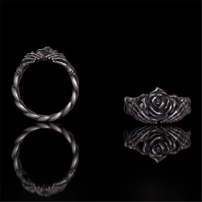Gothic Heart Skull Hand Holding Rose Sterling Silver Ring