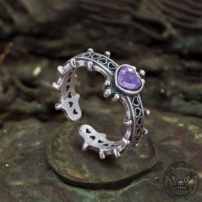 Gothic Heart Zircon Inlaid Crown Sterling Silver Open Ring