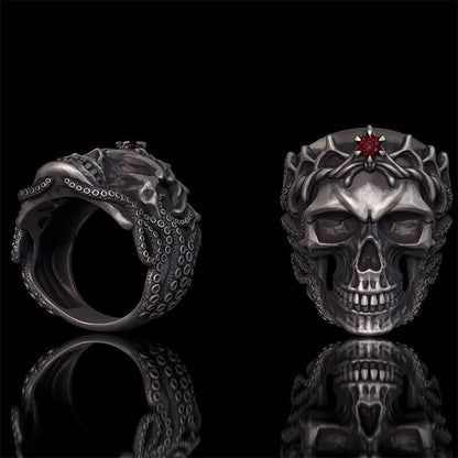Gothic Octopus Gem Crown Skull Sterling Silver Ring