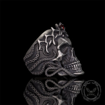 Gothic Octopus Gem Crown Skull Sterling Silver Ring