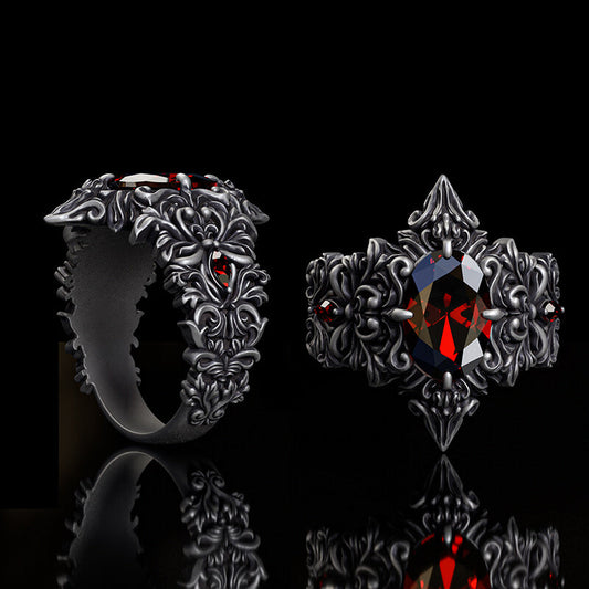 Gothic Pattern Inlaid Red Zircon Sterling Silver Ring