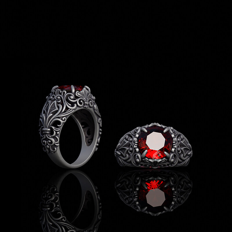 Gothic Pattern Red Zircon Sterling Silver Ring