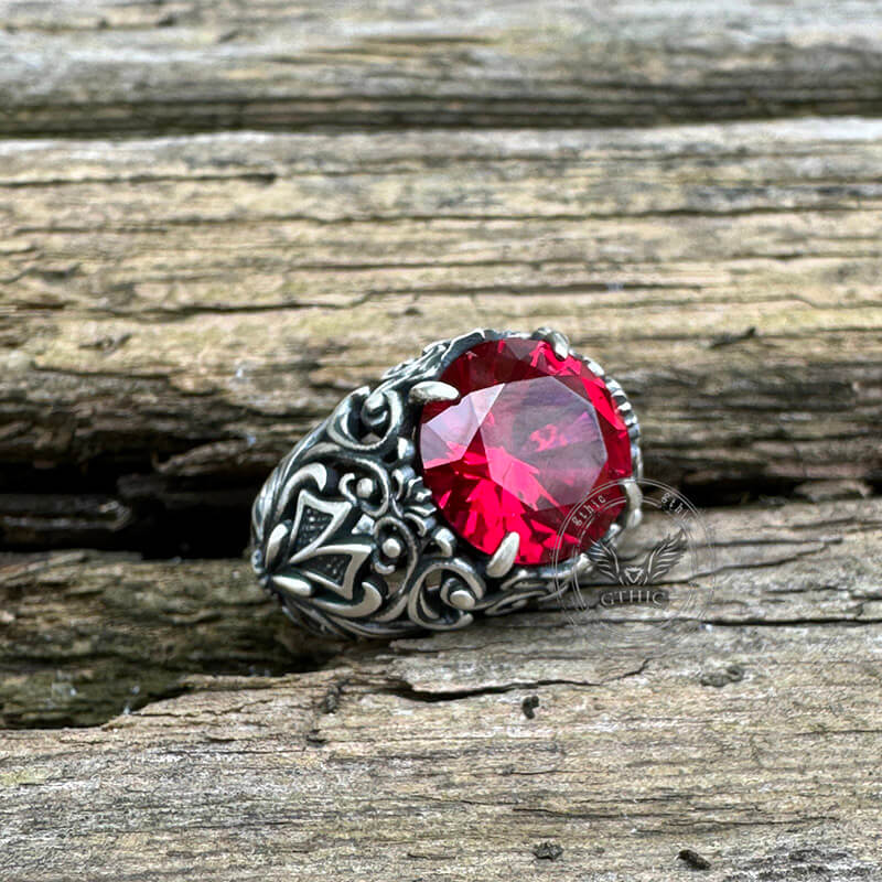 Gothic Pattern Red Zircon Sterling Silver Ring