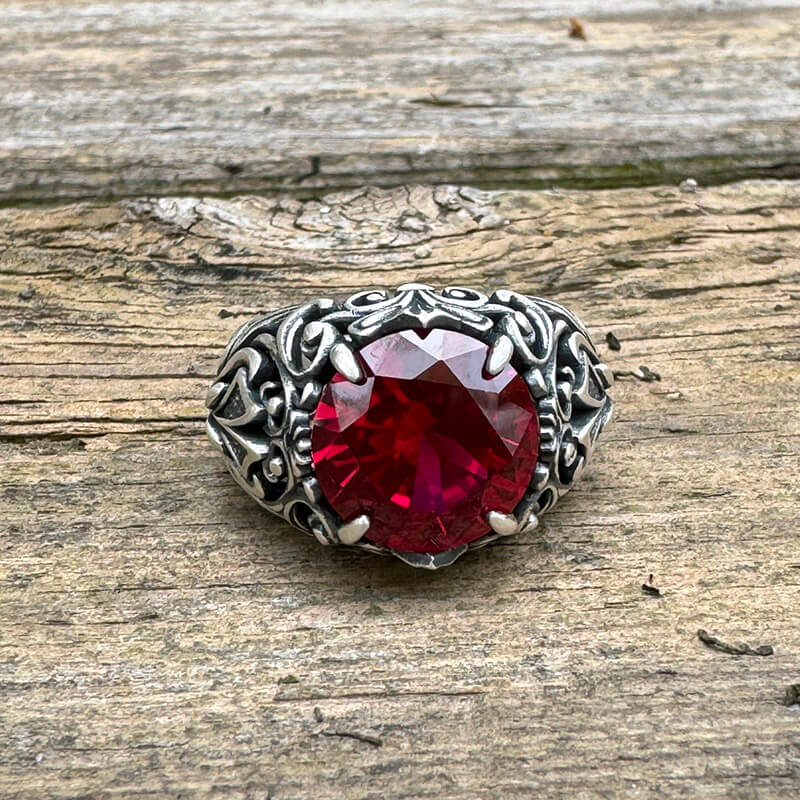 Gothic Pattern Red Zircon Sterling Silver Ring