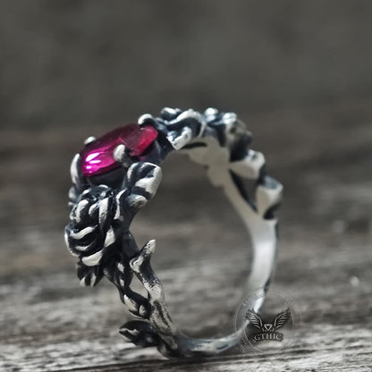Gothic Rose Red Gemstone Sterling Silver Ring