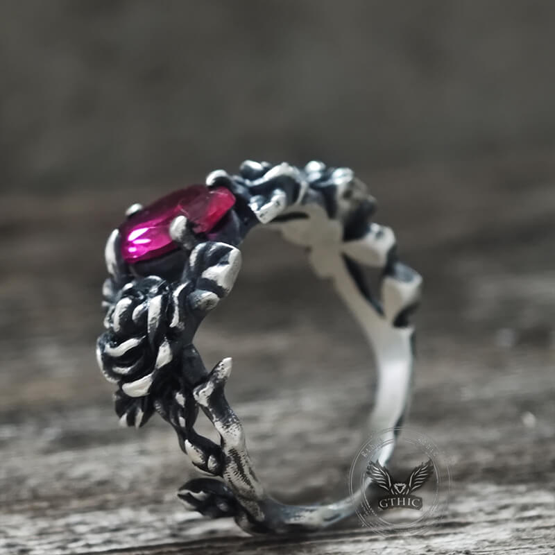 Gothic Rose Red Gemstone Sterling Silver Ring