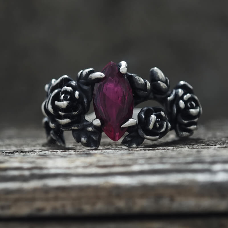 Gothic Rose Red Gemstone Sterling Silver Ring