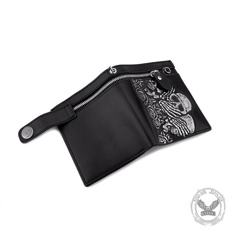 Gothic Rose Skull Bifold Leather Chain Wallet