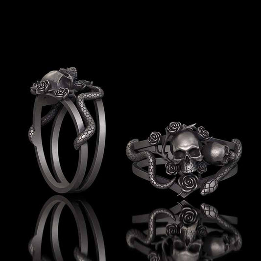 Gothic Rose Skull Snake Entwined Sterling Silver Ring