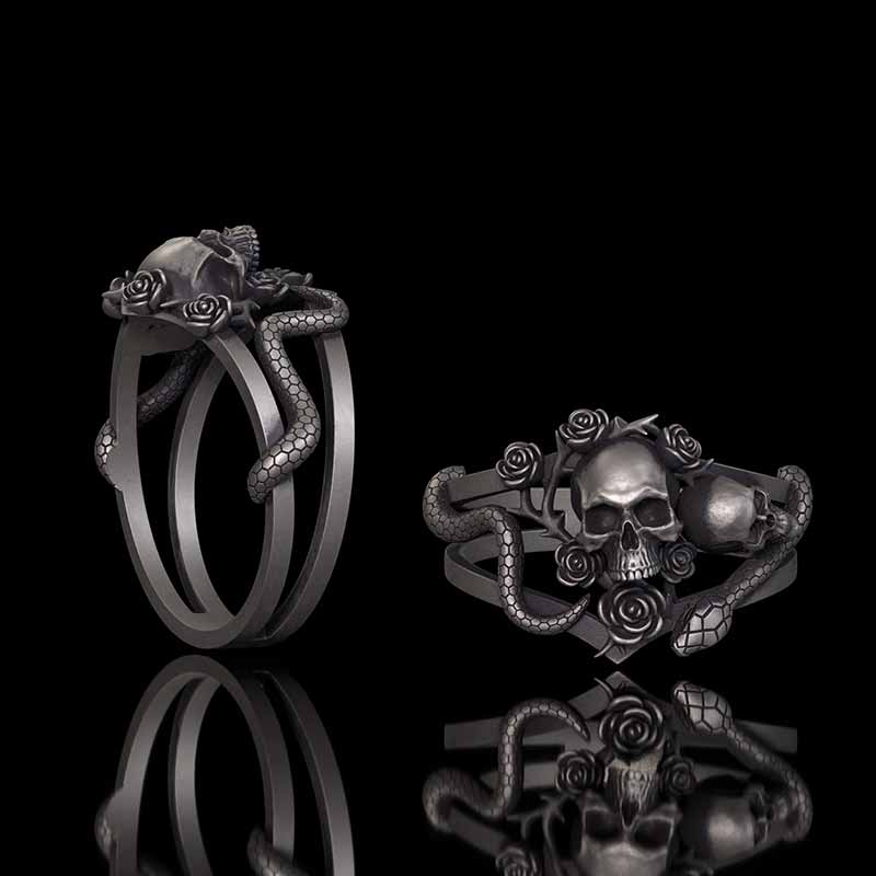 Gothic Rose Skull Snake Entwined Sterling Silver Ring