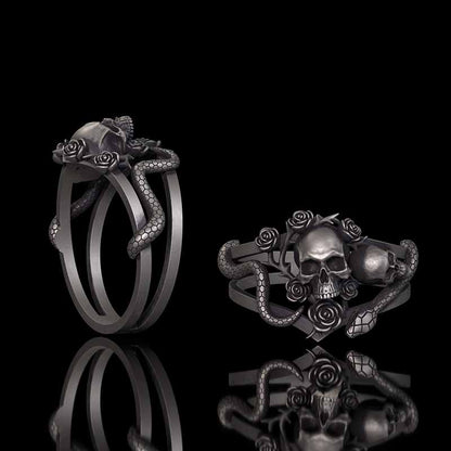 Gothic Rose Skull Snake Entwined Sterling Silver Ring