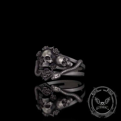 Gothic Rose Skull Snake Entwined Sterling Silver Ring