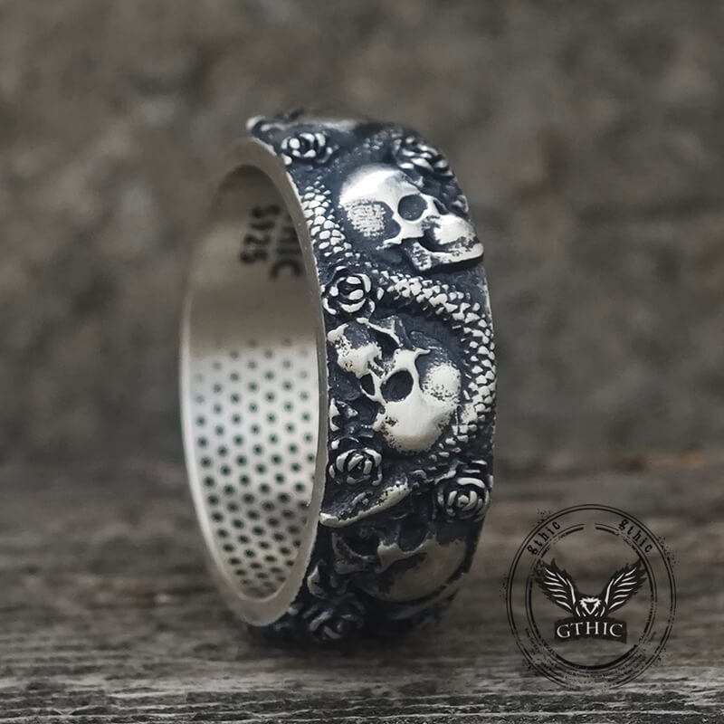 Gothic Rose Skull Snake Sterling Silver Ring