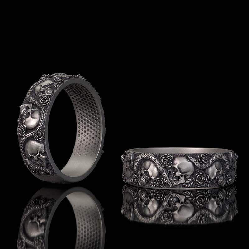 Gothic Rose Skull Snake Sterling Silver Ring
