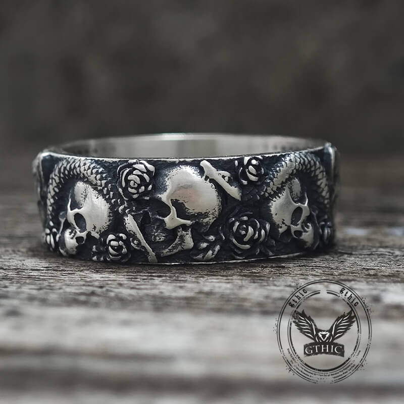 Gothic Rose Skull Snake Sterling Silver Ring