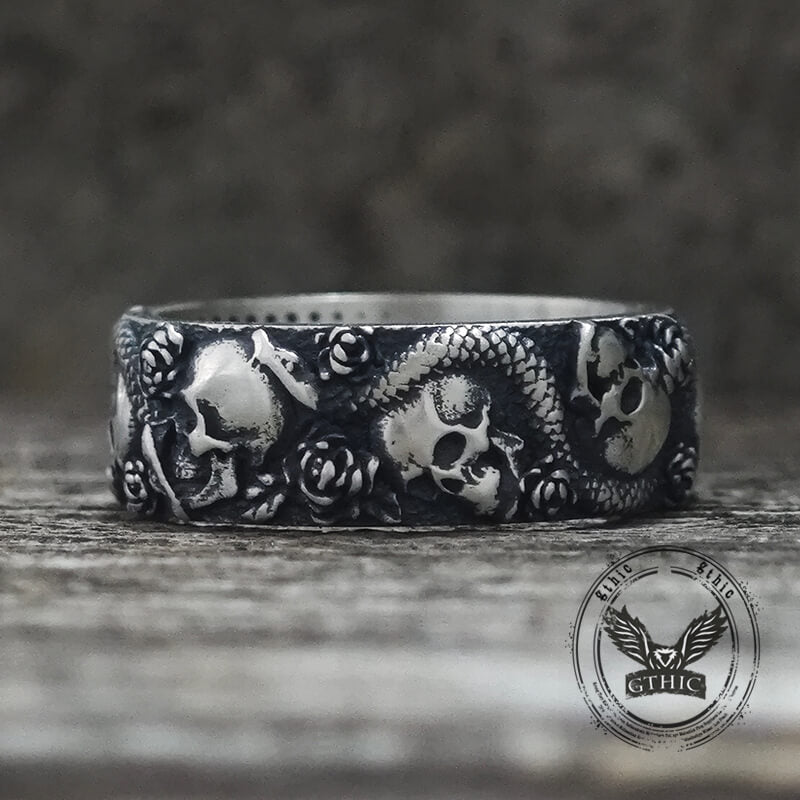 Gothic Rose Skull Snake Sterling Silver Ring