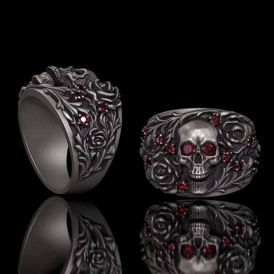 Gothic Rose Skull Sterling Silver Gemstone Ring