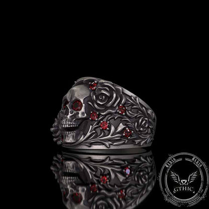 Gothic Rose Skull Sterling Silver Gemstone Ring