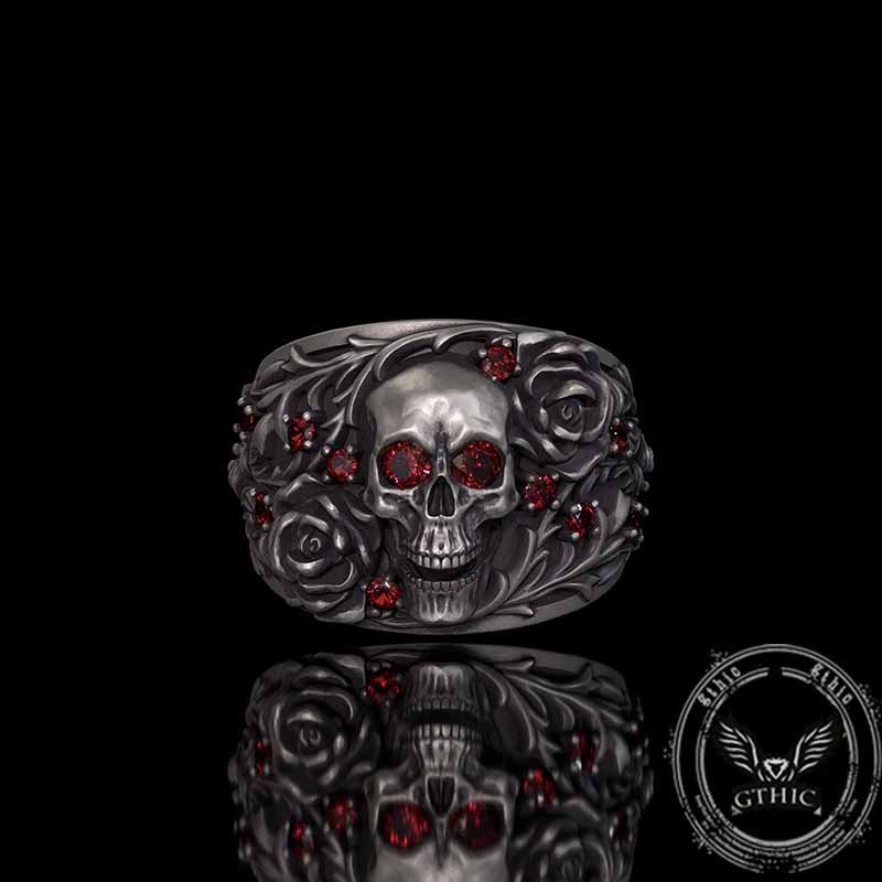 Gothic Rose Skull Sterling Silver Gemstone Ring