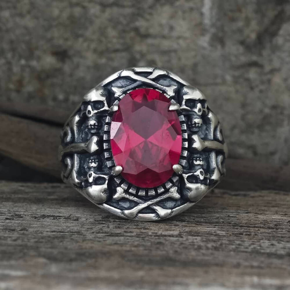 Gothic Skull Crossbones Sterling Silver Gem Ring