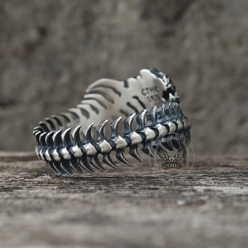 Gothic Skull Fishbone Spine Sterling Silver Open Ring