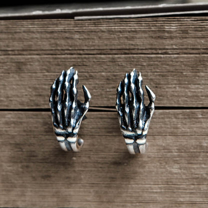 Gothic Skull Hand Bone Sterling Silver Stud Earrings