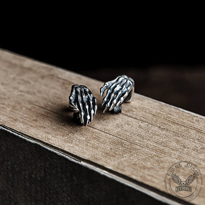 Gothic Skull Hand Bone Sterling Silver Stud Earrings
