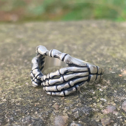 Gothic Skull Hand Heart Shaped Sterling Silver Ring