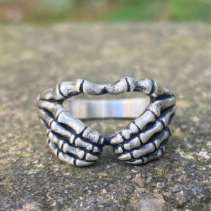Gothic Skull Hand Heart Shaped Sterling Silver Ring