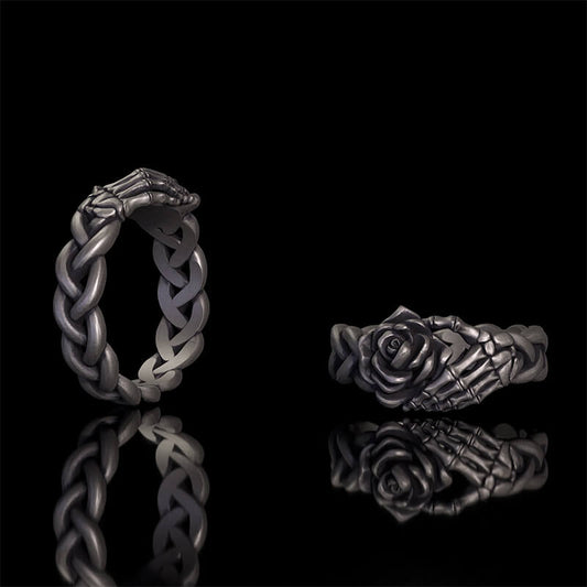 Gothic Skull Hand Holding Rose Sterling Silver Ring