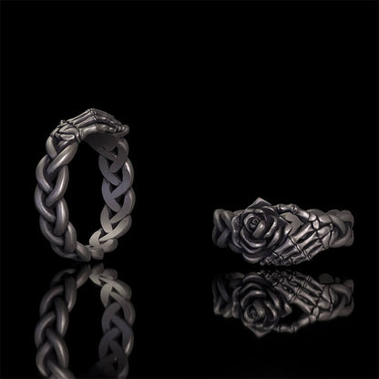 Gothic Skull Hand Holding Rose Sterling Silver Ring