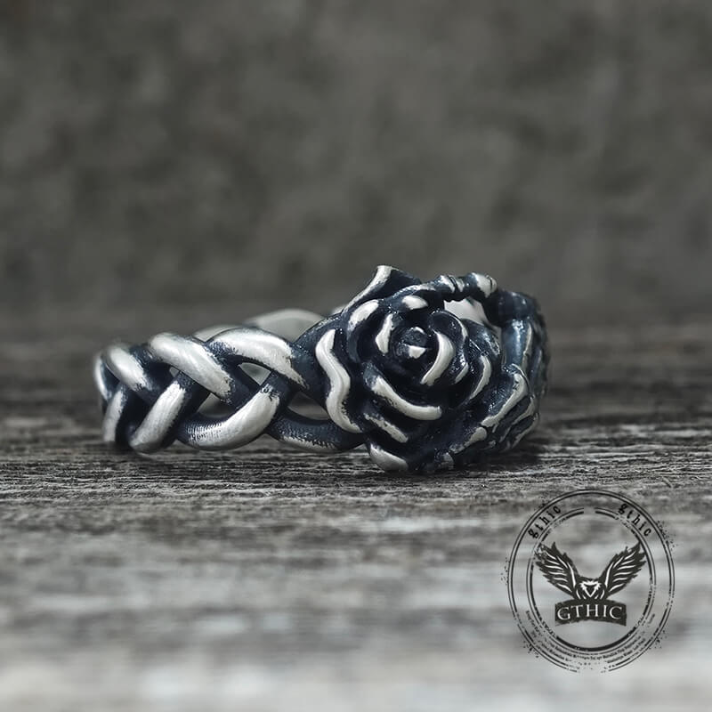 Gothic Skull Hand Holding Rose Sterling Silver Ring