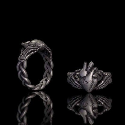 Gothic Skull Hands Holding Heart Sterling Silver Ring
