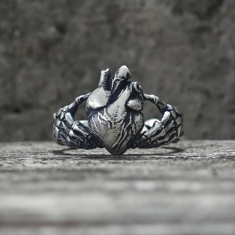 Gothic Skull Hands Holding Heart Sterling Silver Ring