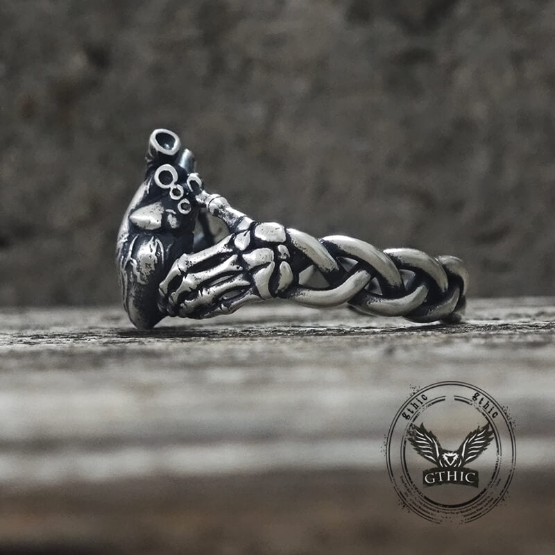 Gothic Skull Hands Holding Heart Sterling Silver Ring