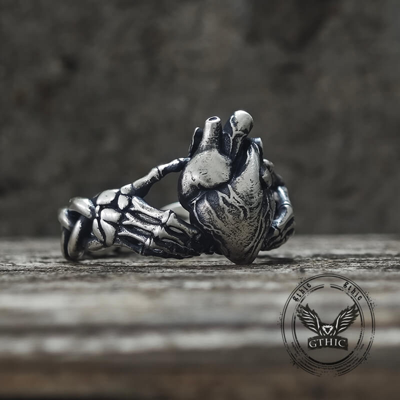 Gothic Skull Hands Holding Heart Sterling Silver Ring