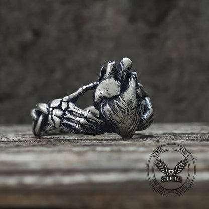 Gothic Skull Hands Holding Heart Sterling Silver Ring