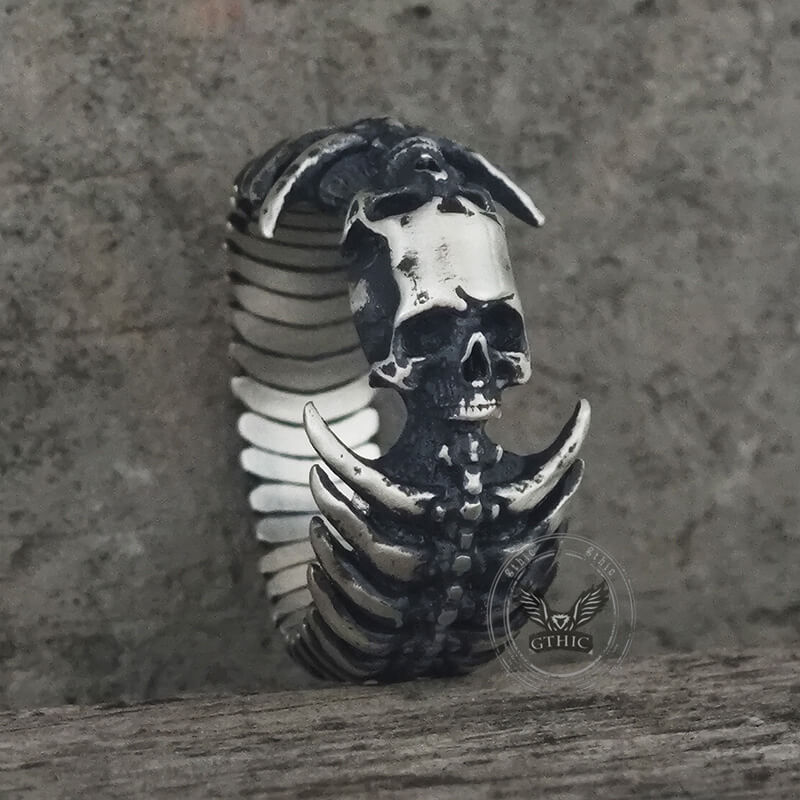 Gothic Skull Head Spine Sterling Silver Ring