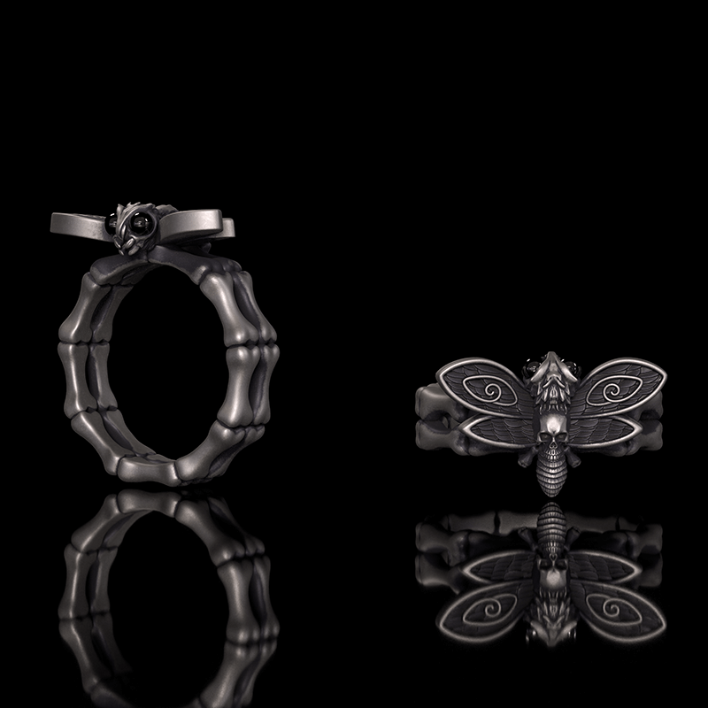 Gothic Skull Moth Bone Gem Sterling Silver Ring
