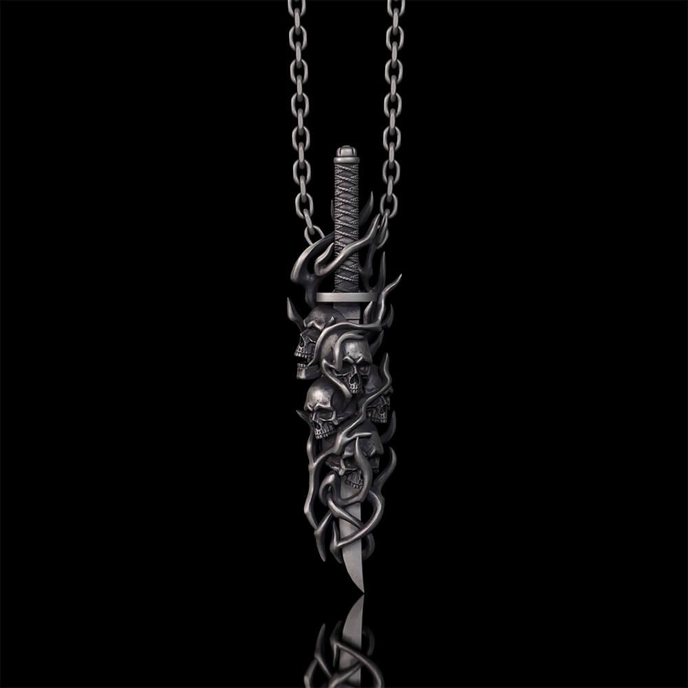 Gothic Skull Thorn Sword Sterling Silver Pendant