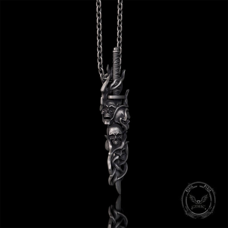Gothic Skull Thorn Sword Sterling Silver Pendant