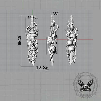 Gothic Skull Thorn Sword Sterling Silver Pendant