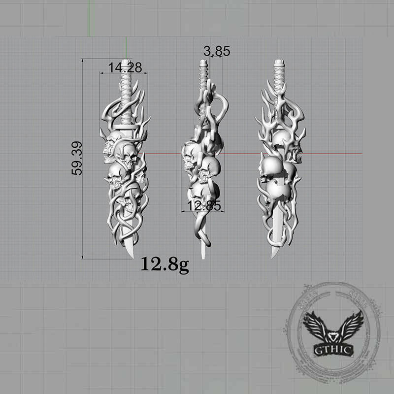 Gothic Skull Thorn Sword Sterling Silver Pendant
