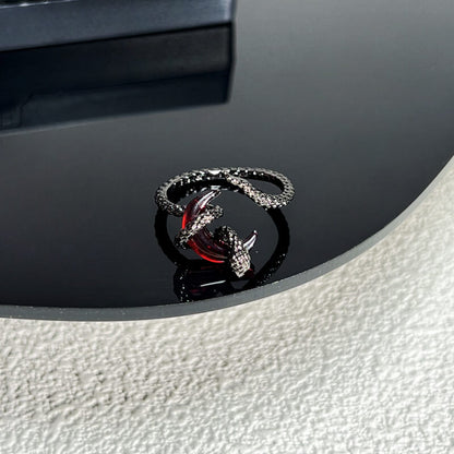 Gothic Snake-wrapped Gem Moon Copper Open Ring