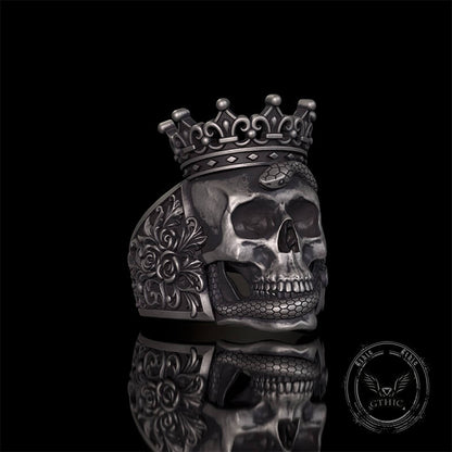Gothic Snake Entwined Crown Skull Sterling Silver Ring