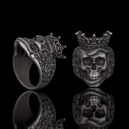 Gothic Snake Entwined Crown Skull Sterling Silver Ring