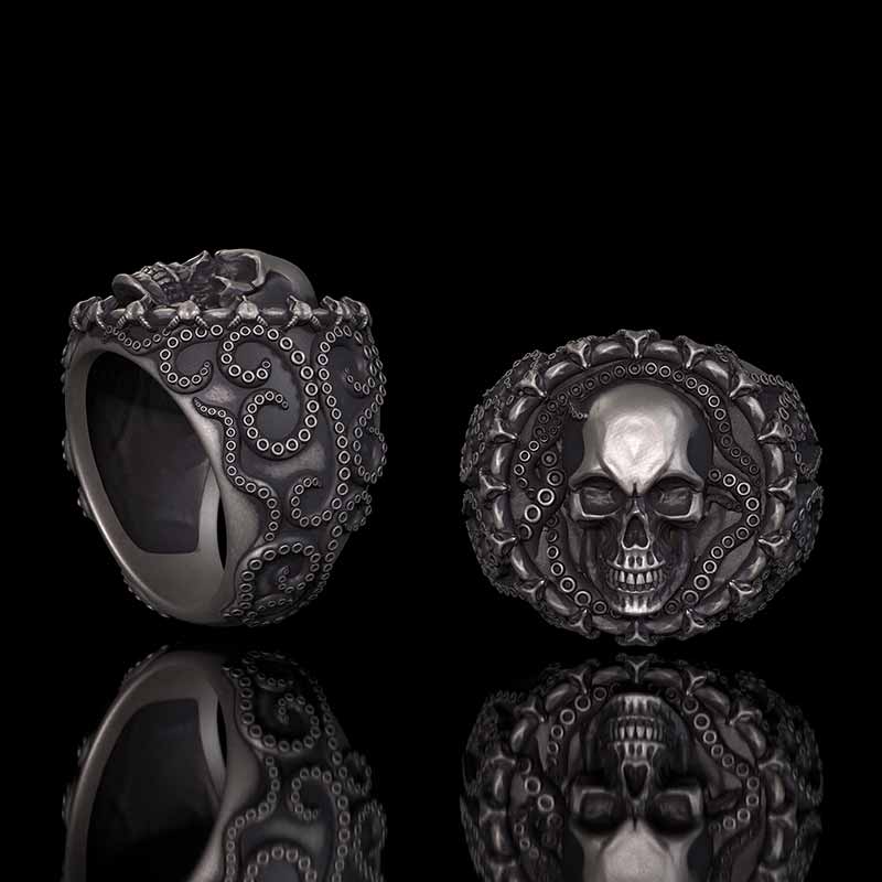 Gothic Tentacle Skull Head Sterling Silver Ring