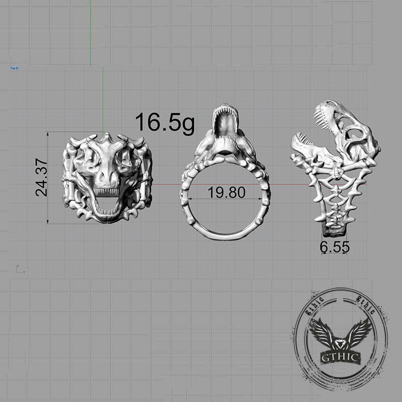 Roaring Tyrannosaurus Rex Skull Sterling Silver Ring