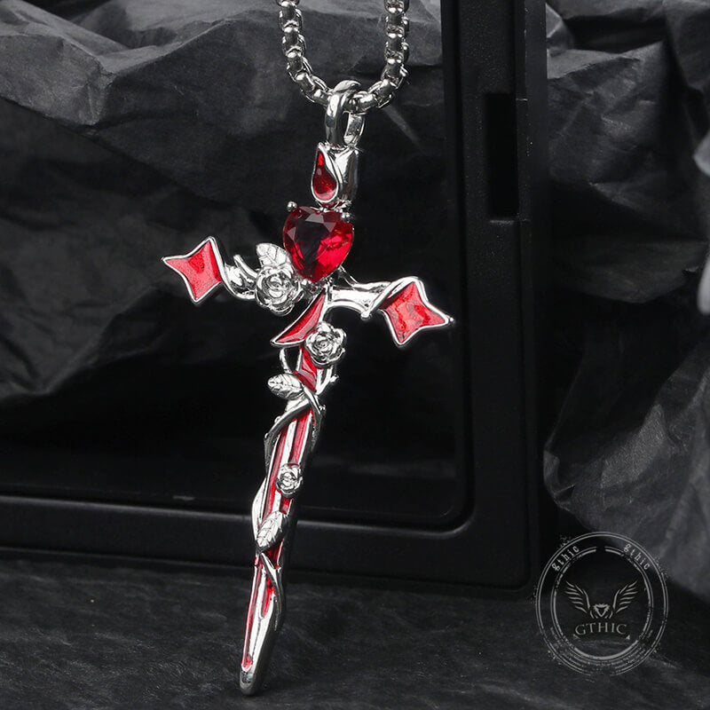 Gothic Thorn Rose Heart Gem Cross Copper Pendant